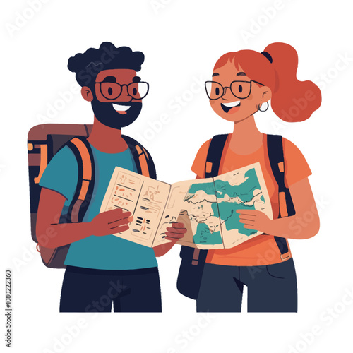 Young couple of tourists with backpacks and map. Vector illustration..eps