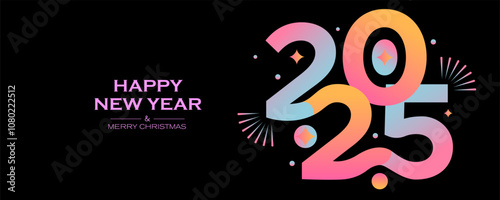Bright gradient of the year 2025 on a black background. Design for modern horizontal banners and promotional materials with a futuristic aesthetic.