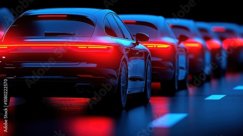 Urban night traffic, cars with red brake lights in motion, creating dynamic scene of city life and transportation photo