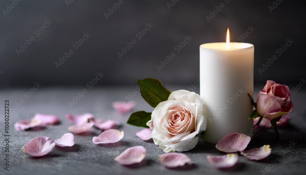 Dark background with a white candle, warm light, and rose petals, evoking a peaceful atmosphere Dark background with a white candle, warm light, and rose petals, evoking a peaceful atmosphere