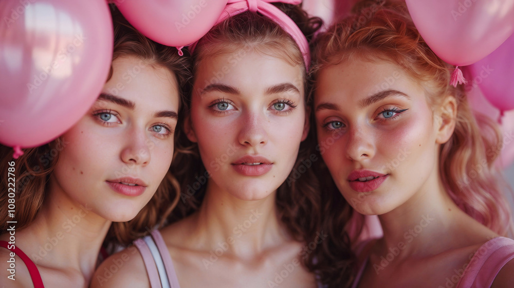 Three young women with vibrant pink balloons posing together, their youthful faces framed by flowing curls and bright eyes. A playful and whimsical scene, capturing the carefree spirit Three young women with vibrant pink balloons posing together, their youthful faces framed by flowing curls and bright eyes. A playful and whimsical scene, capturing the carefree spirit