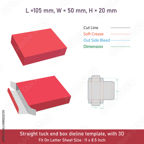 Straight tuck end box dieline template, with 3D