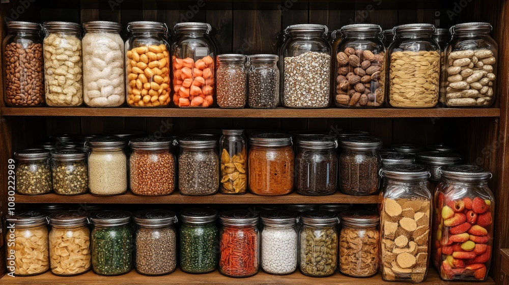 A neatly organized shelf filled with various jars of food items.