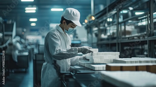 A young Asian male worker in a hygienic uniform organizes soap bars in a modern factory setting.