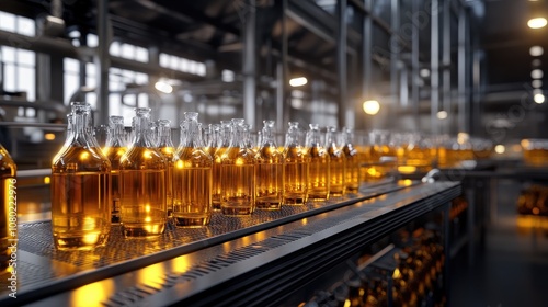 A row of glass bottles filled with amber liquid illuminated in a modern distillery setting.