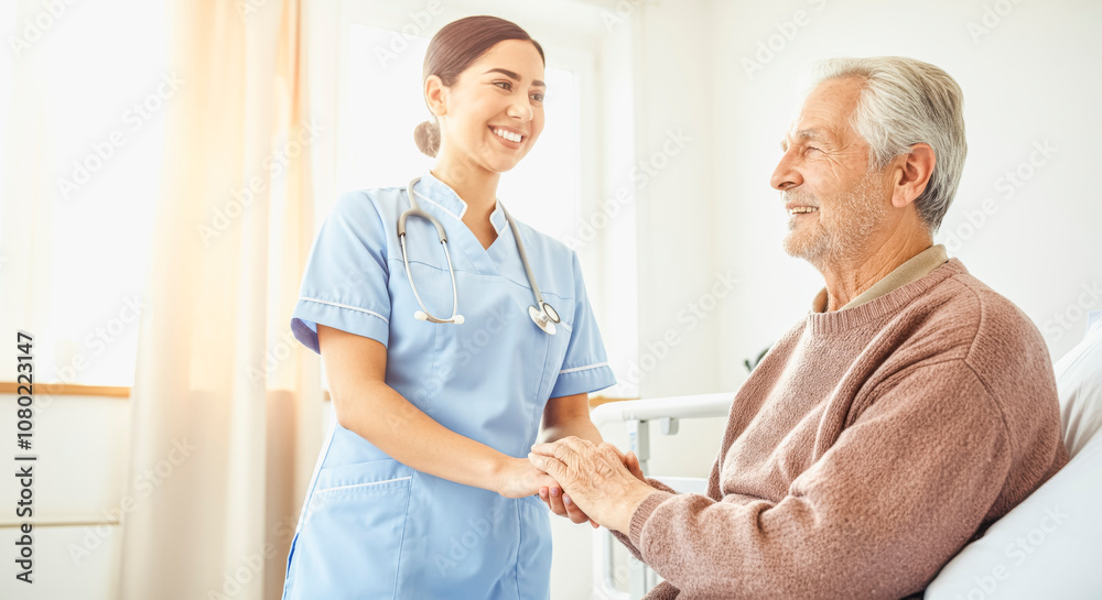 Fototapeta premium Caring nurse assisting elderly man in healthcare setting for support and well-being