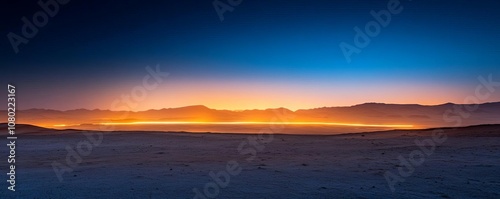 Nighttime desert landscape illuminated by intense artificial lights, high contrast, surreal atmosphere