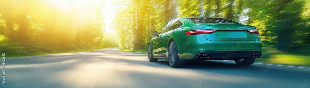 Green car journey through lush forest, scenic road trip adventure in nature embrace Green car journey through lush forest, scenic road trip adventure in nature embrace