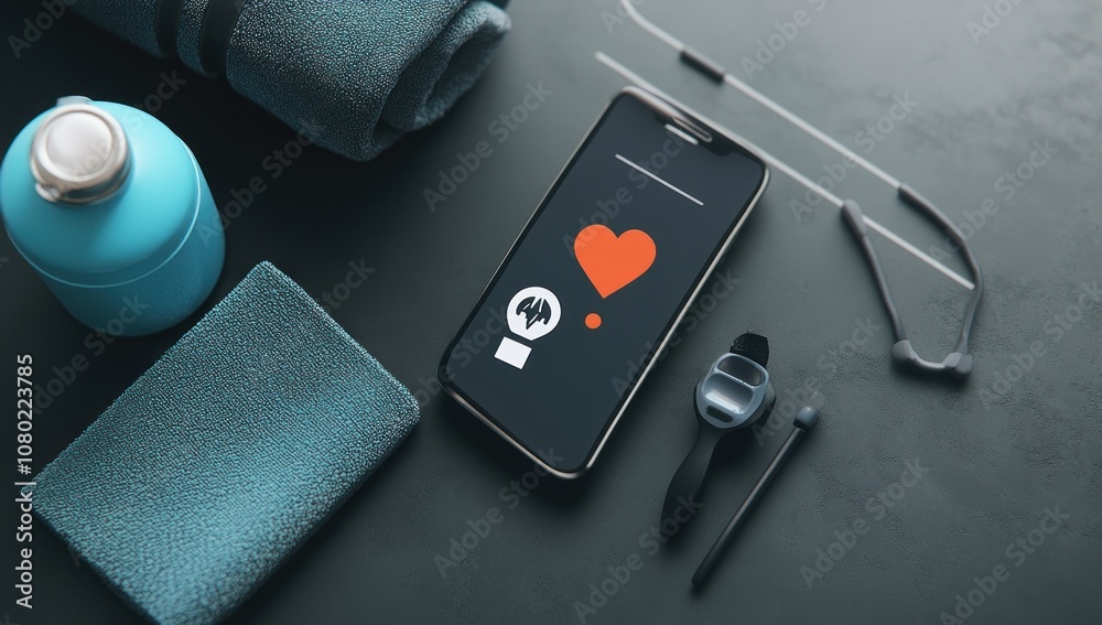 A smartphone displaying a heart symbol, surrounded by fitness accessories for a healthy lifestyle. A smartphone displaying a heart symbol, surrounded by fitness accessories for a healthy lifestyle.