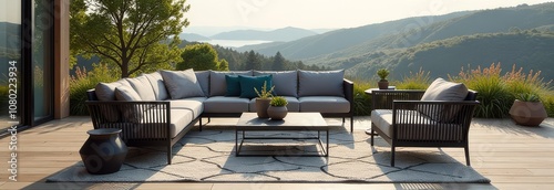 A large outdoor living room with a view of the mountains