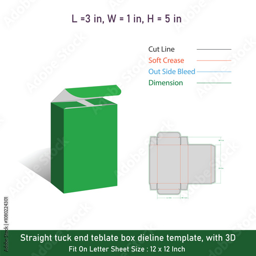 Straight tuck end teblate box dieline template, with 3D