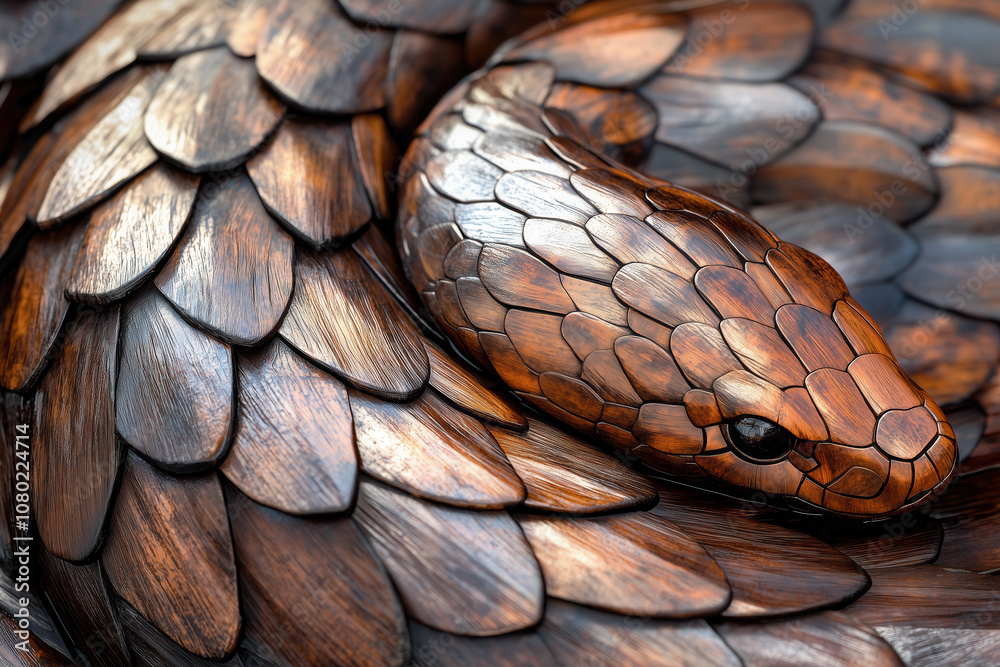 A snake with wooden scales, serpent skin with wood texture, Lunar new year 2025 zodiac animal symbol. A snake with wooden scales, serpent skin with wood texture, Lunar new year 2025 zodiac animal symbol.