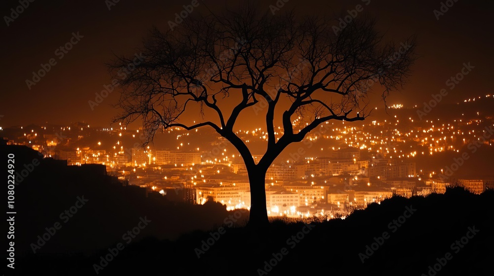 Silhouette of a tree against bright artificial city lights, sharp contrast, moody night scene Silhouette of a tree against bright artificial city lights, sharp contrast, moody night scene