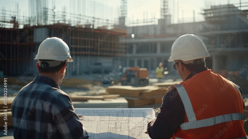 A team of engineers meeting at a construction site, with a focus on blueprint discussion, safety helmets, and tools in hand. A team of engineers meeting at a construction site, with a focus on blueprint discussion, safety helmets, and tools in hand.