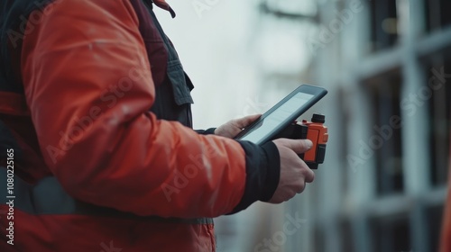 Close-up of a civil engineer holding a digital tablet, inspecting construction progress, and using a laser measure tool on a building site.