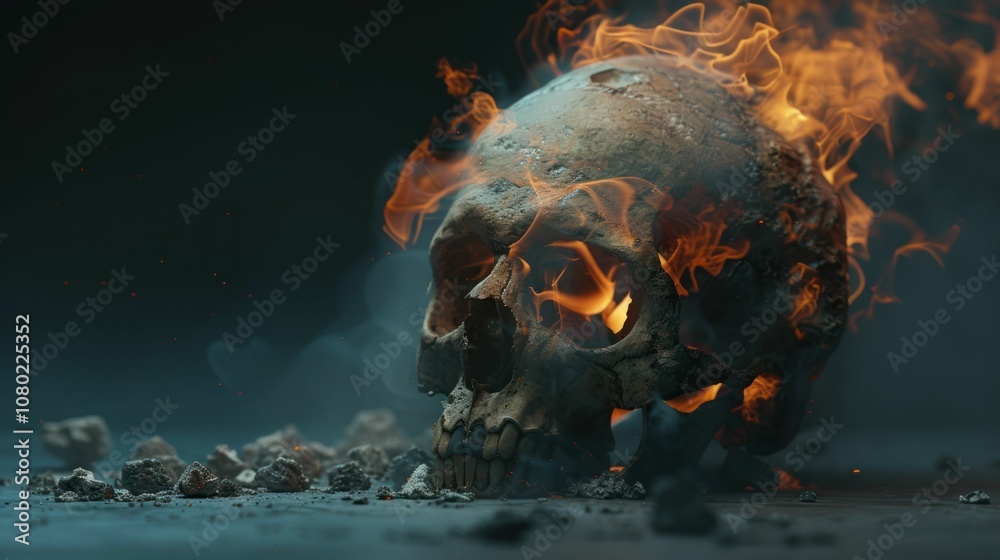 A flaming skull surrounded by smoke and debris, evoking themes of mortality and destruction.
