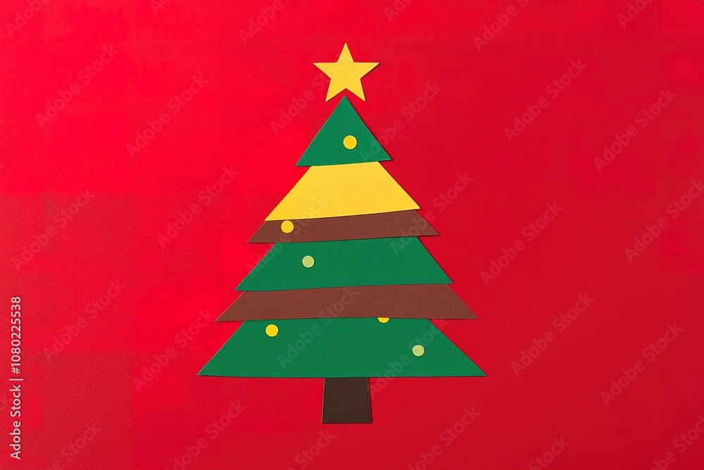 A simple paper-cut Christmas tree card with a red background and a color scheme of green, brown, yellow, white, and light blue A simple paper-cut Christmas tree card with a red background and a color scheme of green, brown, yellow, white, and light blue