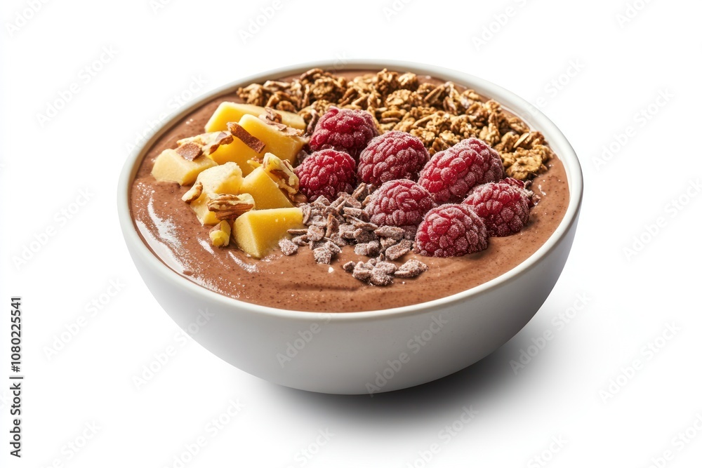 A chocolate smoothie bowl topped with mango, raspberries, granola, and chocolate shavings. A chocolate smoothie bowl topped with mango, raspberries, granola, and chocolate shavings.