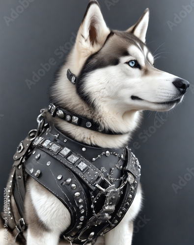 Dog. Husky. Dog in a beautiful harness. Leather, rhinestones.