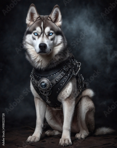 Dog. Husky. Dog in a beautiful harness. Leather, rhinestones.