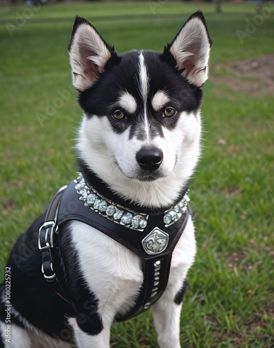 Dog. Husky. Dog in a beautiful harness. Leather, rhinestones.