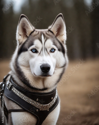Dog. Husky. Dog in a beautiful harness. Leather, rhinestones.