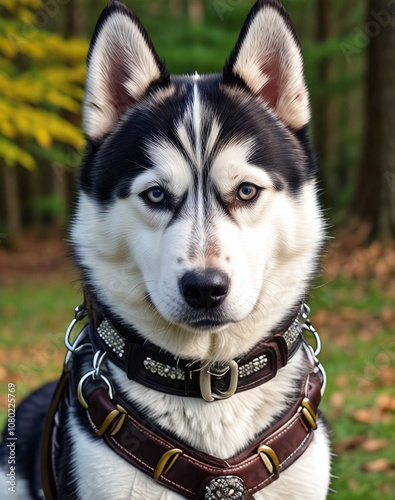 Dog. Husky. Dog in a beautiful harness. Leather, rhinestones.