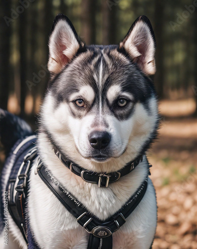 Dog. Husky. Dog in a beautiful harness. Leather, rhinestones.
