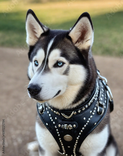 Dog. Husky. Dog in a beautiful harness. Leather, rhinestones.