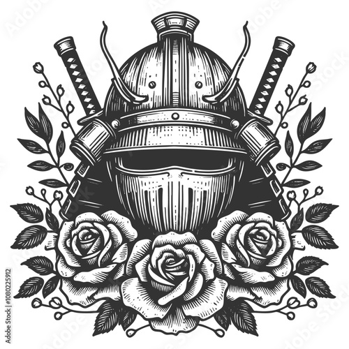 Samurai Japanese medieval knight helmet adorned with roses and leaves, symbolizing strength and beauty in contrast sketch engraving generative ai vector illustration. Black and white image.