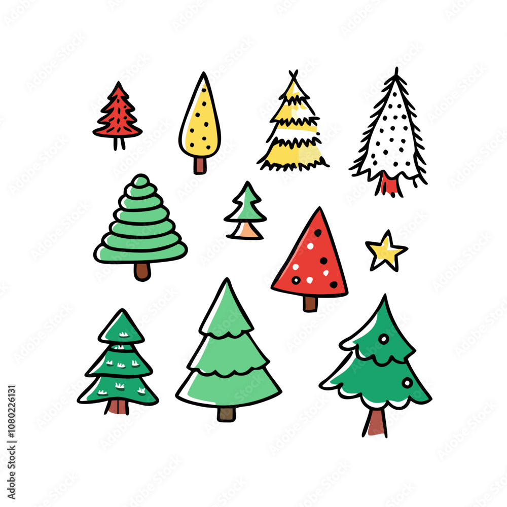 A colorful collection of hand-drawn Christmas trees in various styles and sizes, featuring red, yellow, and green trees with decorations, perfect for festive design inspiration A colorful collection of hand-drawn Christmas trees in various styles and sizes, featuring red, yellow, and green trees with decorations, perfect for festive design inspiration