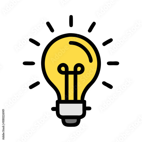 A brightly lit yellow light bulb radiates energy, representing creativity and innovation in a minimalist design, perfect for modern digital graphics or artistic projects