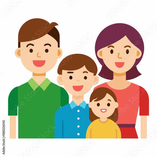 A happy family of four smiling together in casual attire, standing close in a vibrant color palette, showcasing a moment of joy and togetherness in a bright, friendly setting