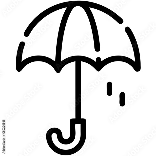 Simple black outline of an umbrella with raindrops, symbolizing rainy weather and protection, suitable for weather-related themes or designs