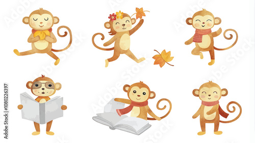 Monkey cartoon character vector illustration. Cute monkey in various actions.
