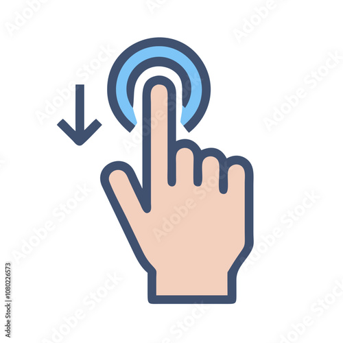A hand touching a blue circular button symbol on a digital interface during a modern technology demonstration in an indoor setting