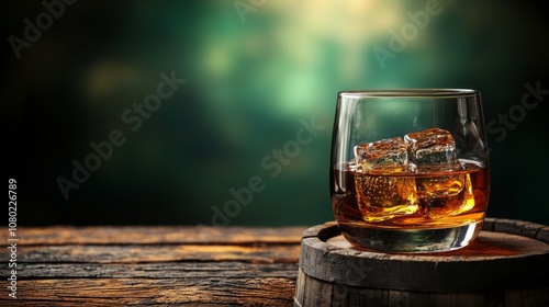 Whiskey with ice cube in glass on wooden barrel against green natural background, space for text