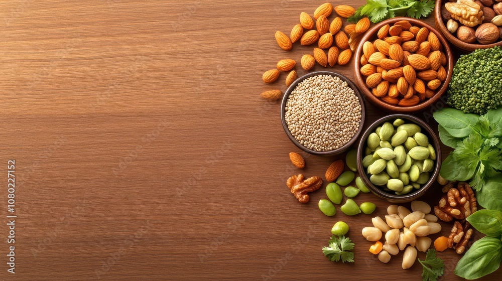 Assortment of fresh vegetables and nuts on rustic wooden table, healthy ingredients for balanced diet Assortment of fresh vegetables and nuts on rustic wooden table, healthy ingredients for balanced diet