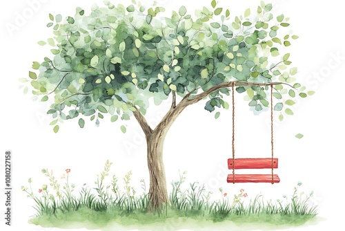 Bright landscape scenery with tree and rope swing on a summer meadow. Watercolor hand drawn illustration