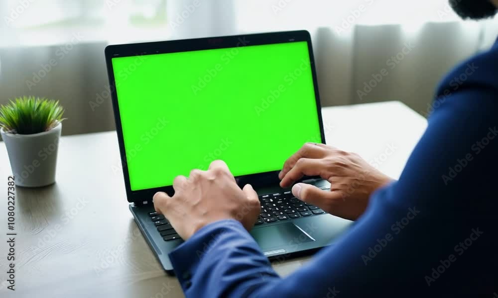 Person's hands typing on a laptop with a green screen. Person's hands typing on a laptop with a green screen.