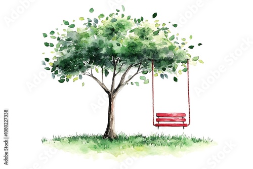 Bright landscape scenery with tree and rope swing on a summer meadow. Watercolor hand drawn illustration