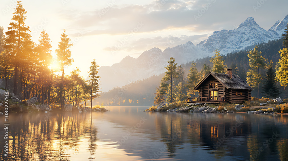 Fototapeta premium Tranquil Lakeside Retreat: Rustic Log Cabin in Sunlight 