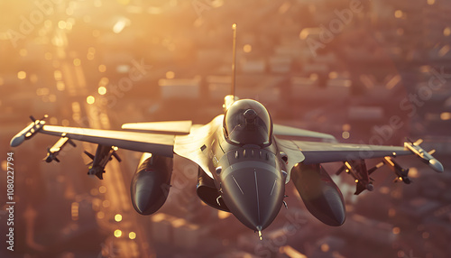 Warplane Combat Aircraft, Aerial View: Fighter Jet Over City photo