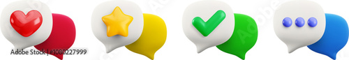 Vector cartoon minimal 3d talk icon set. Color speech bubbles with yes check mark, star, heart and dots. Realistic render social media communication, chat message button, message sign, comment.