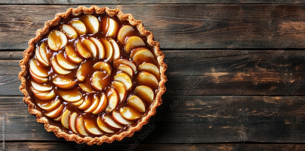 A beautifully arranged apple pie topped with caramel sauce on a wooden surface. A beautifully arranged apple pie topped with caramel sauce on a wooden surface.
