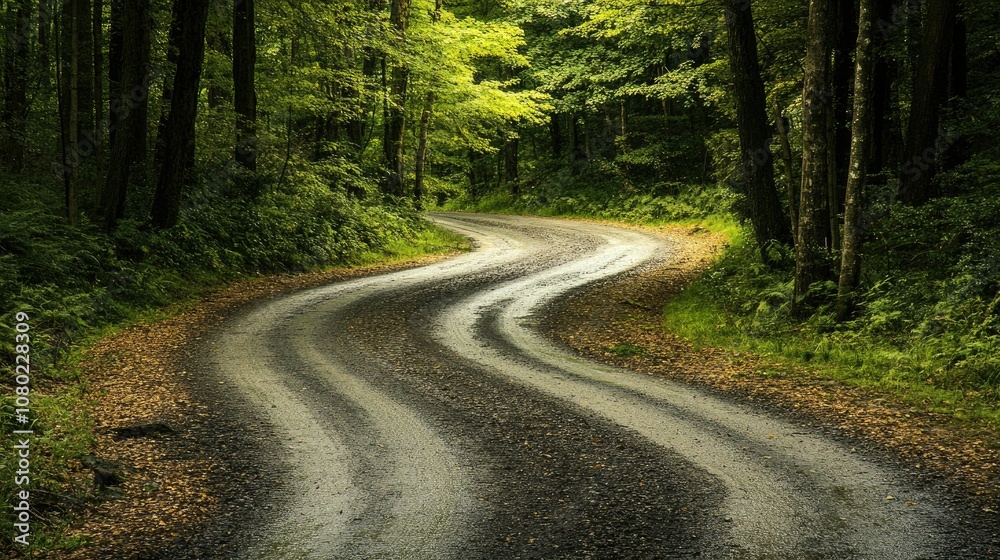 Winding gravel road through a lush green forest. Winding gravel road through a lush green forest.