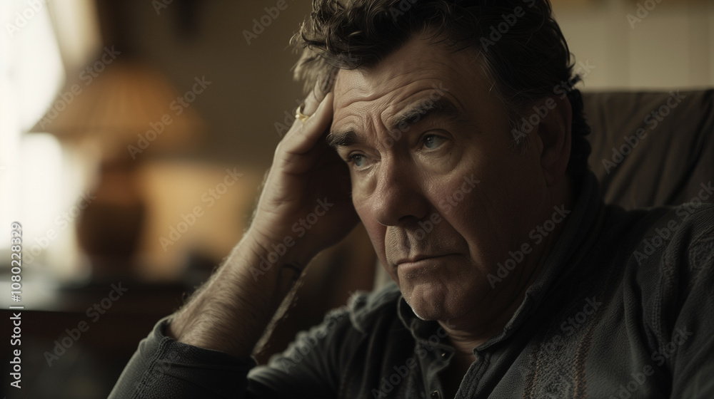 Middle-aged man sitting alone in a quiet room, holding his head with one hand, looking stressed and concerned. Emotional state of solitude and introspection.	