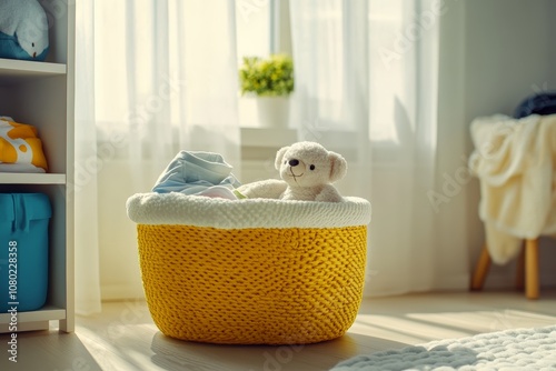 Cheerful arrangement of children s clothes and soft toys in a bright laundry basket in sunlit room photo