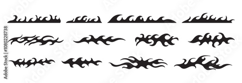 Vector design set, flames and fire, acid neo tribal shapes, y2k elements and abstract illustrations in gothic style, gothic and acid tattoos and print templates