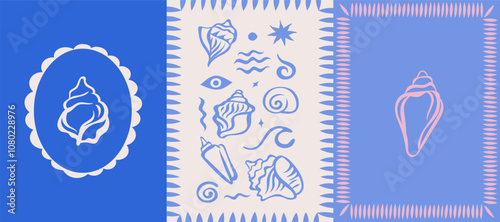 Vector logo and print design templates, summer prints, tropical hand drawn illustrations,  seashell ilustrations